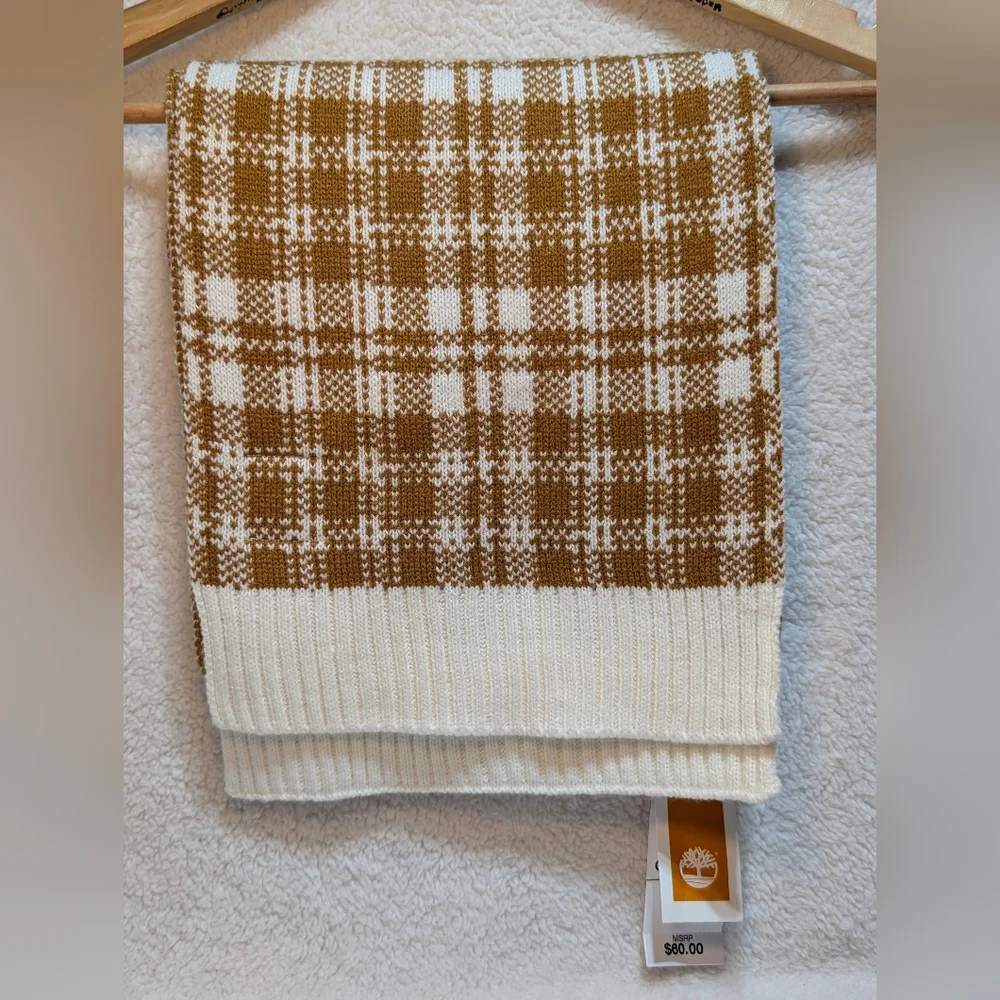 Timberland Brown and Cream Checkered Reversible Scarf 64x10 Fall Winter NWT
